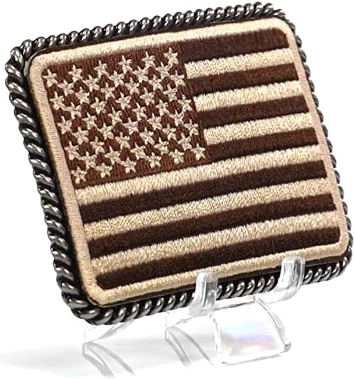 ARIAT Rectangle Buckle with Embroidered USA Flag Patch, Stylish Rope Edge, Brown/Tan/Ivory, 3-3/8" x 2-1/4"