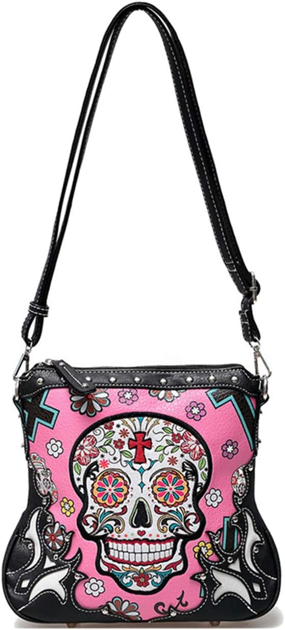 Sugar Skull Day of the Dead Cross Bone Rock Metallic Purse Skeleton Leather Purse Women Crossbody Handbag Shoulder Bag