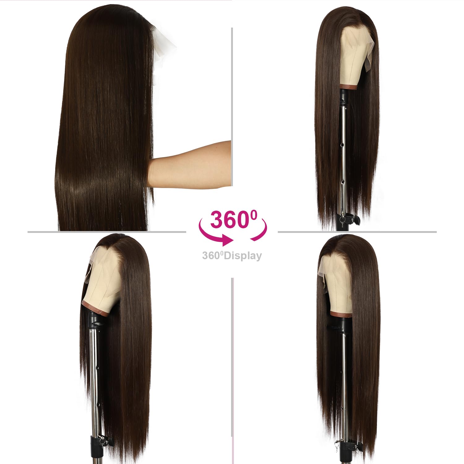 Sapphirewigs Dunkelbraune Farbe #4 Kanekalon Futura-Haar, kein Verknoten, natürlicher Haaransatz, 15,2 x 33 cm, tief, große Spitze, für tägliches Make-up, Damen, Hochzeit, Kunsthaar