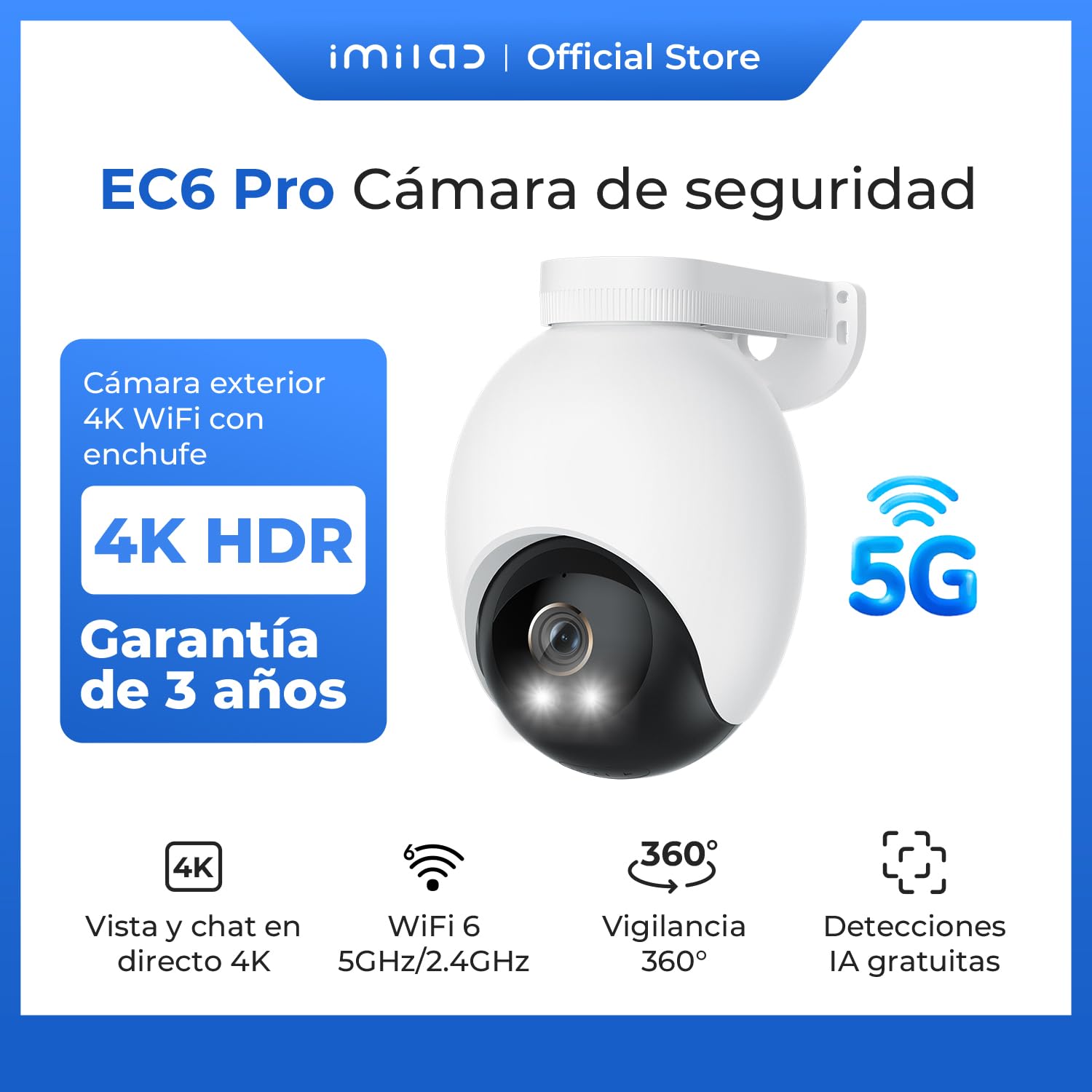 IMILAB 4K 8MP Cámara de Seguridad Exterior, WiFi 2,4/5GHz, Cámara Vigilancia 360° con Detección de Personas y Vehículos, Impermeable, Grabación Continua 24/7, Sin Cuotas Mensuales(EC6 Pro)