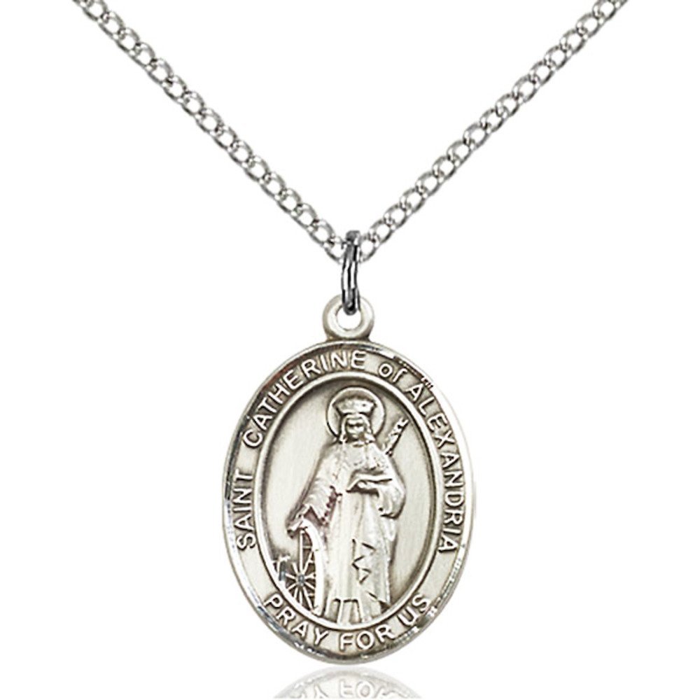 Bonyak Jewelry Saint Medal Collection Sterling Silver St. Catherine of Alexandria Pendan 3/4 x 1/2 inches with Sterling Silver Lite Curb Chain