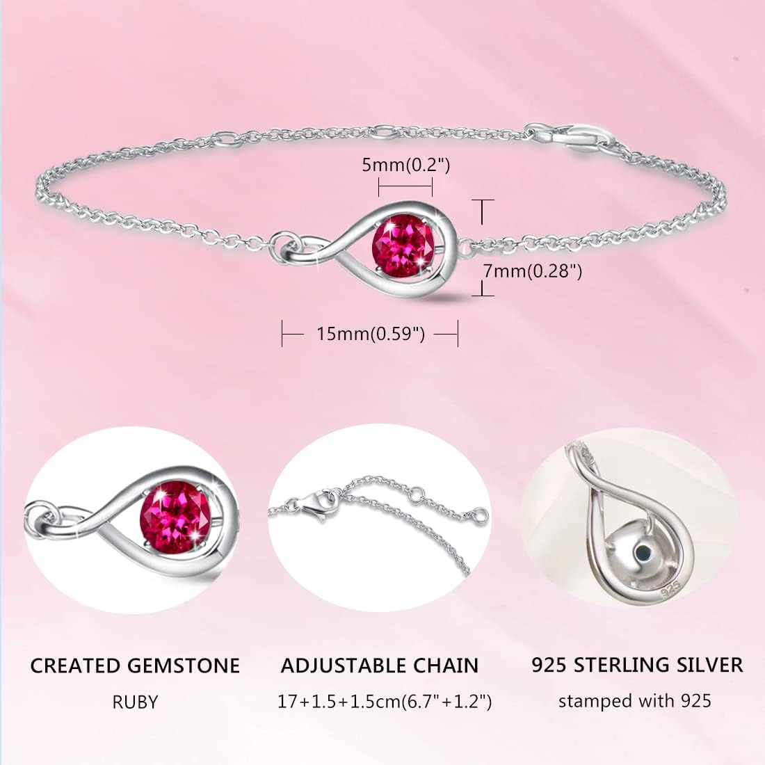 FANCIME Love Bracelet 925 Sterling Silver Infinity Birthstone Bracelets for Women Fine Jewelry Birthday Mothers Day Gifts for Her Mom Wife, Chain Length 6.7"+1.2" Extend - Image 6