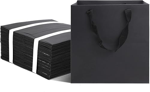 HUAPRINT Bolsas de regalo negras con asas, bolsas de papel negro, paquete de 24 bolsas de compras negras de tamaño cuadrado de 10 x 10 x 10