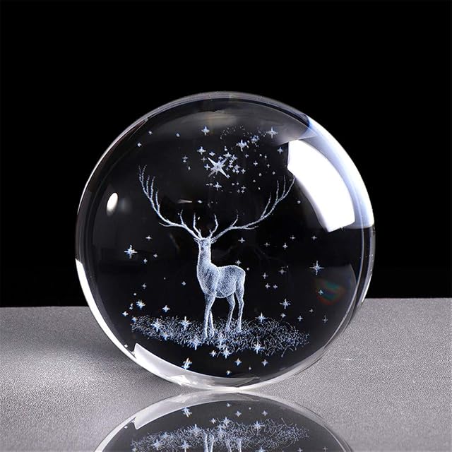 qianyue 3D Crystal Wapiti Ball Figurine Feng shui Office Decorative Storm Glass Ball Balls Ornaments Animal Wapiti Statue Crafts (80mm)