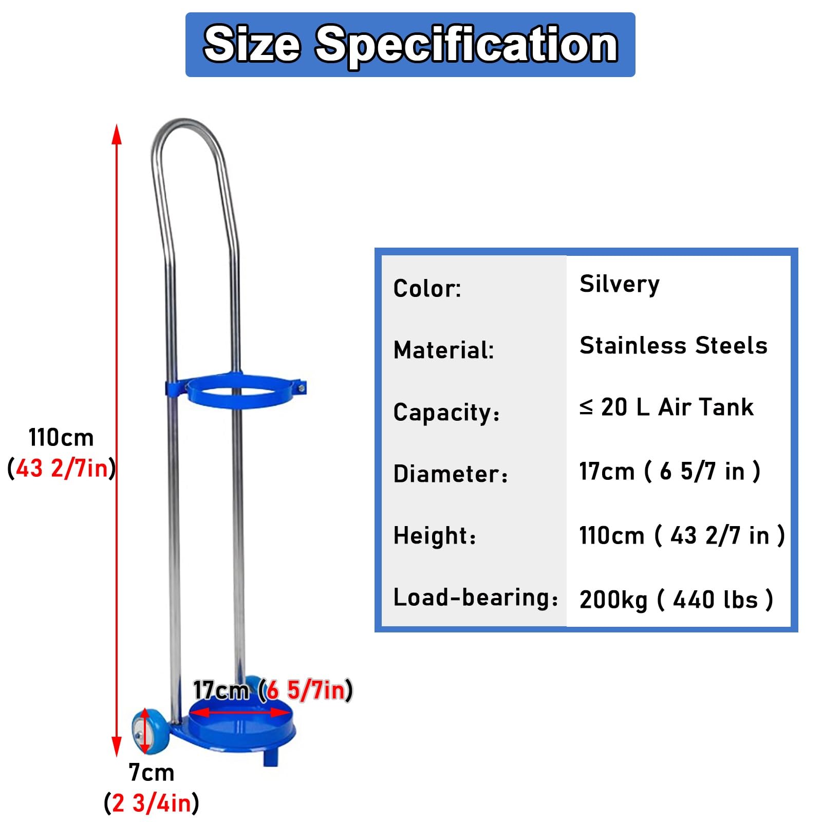 Rolling Oxygen Tank Cart with Handle, 2 Two Wheel Gas Cylinder Carrier for Medical, Gas Cart Oxy Acetylene Cylinder Tank Holding Hand Truck Dolly(H-110cm(43 2/7