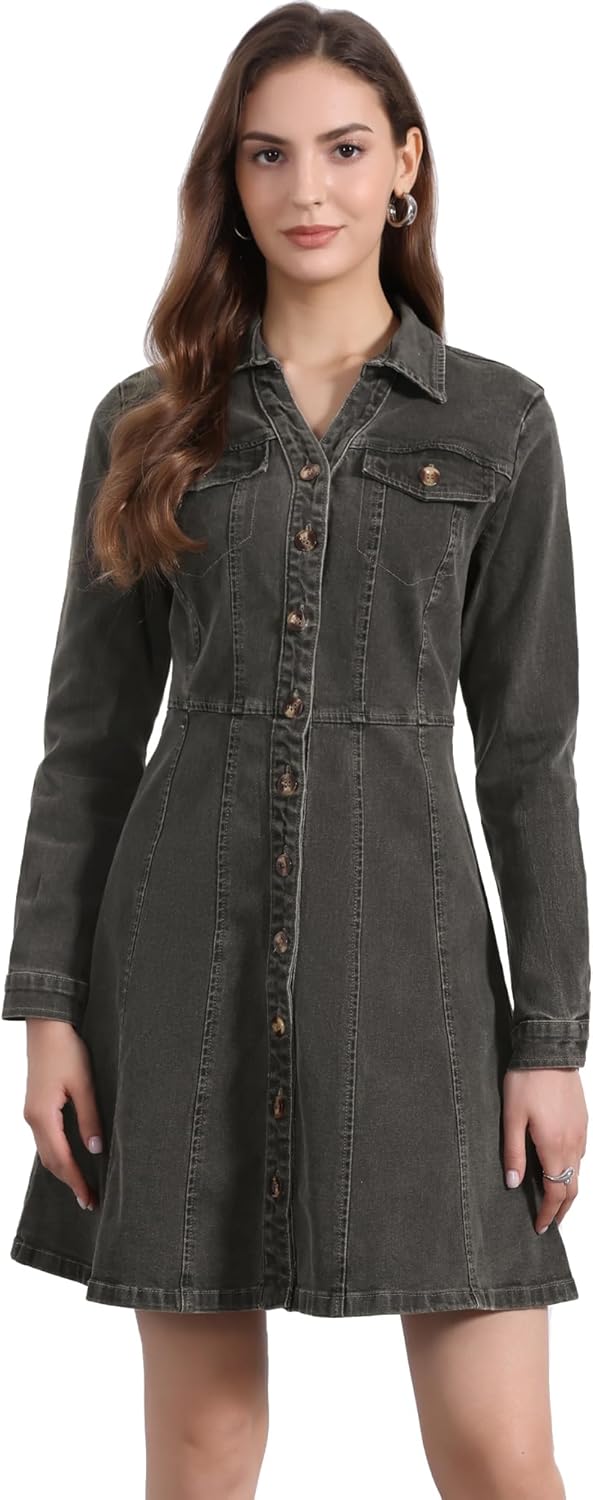 Allegra K Women’s Denim Dress Button Down Collar V Neck Long Sleeve A-line Cotton Jean Dress
