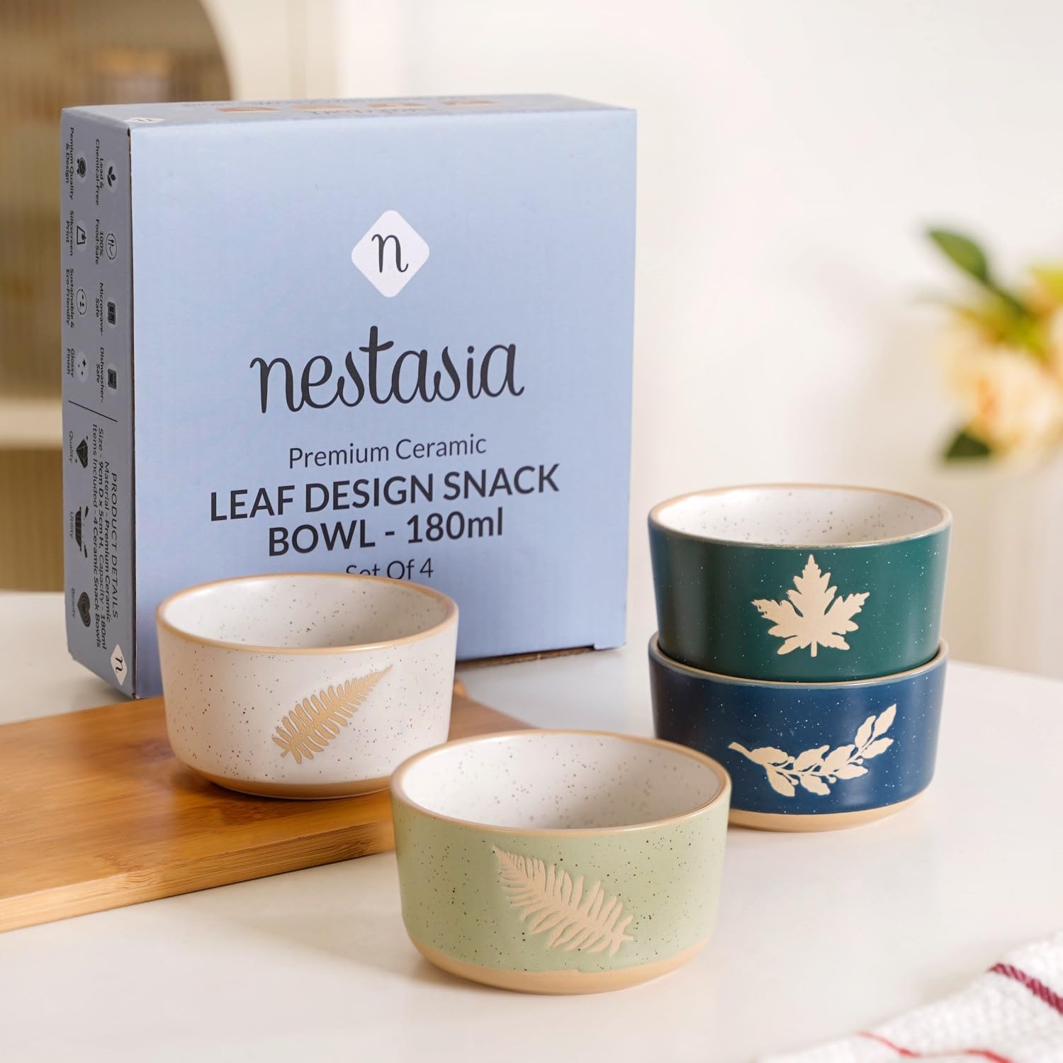 Nestasia Ceramic Snack Bowl Set of 4 (180ml Each) - Dishwasher & Microwave Safe Bowls for Serving Soup, Rice, Dal, & Salad | Spring Leaf Printed Bowls with Matte Finish - Ideal for Gifting