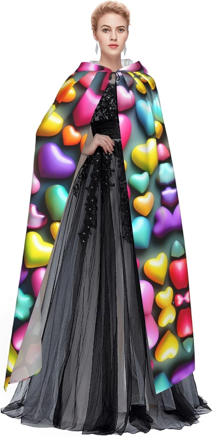 Colorful Rainbow Hearts Print Men Hooded Cloak,Wizard Hooded Robe,Witch Cape Cosplay Costume Halloween Party Capes