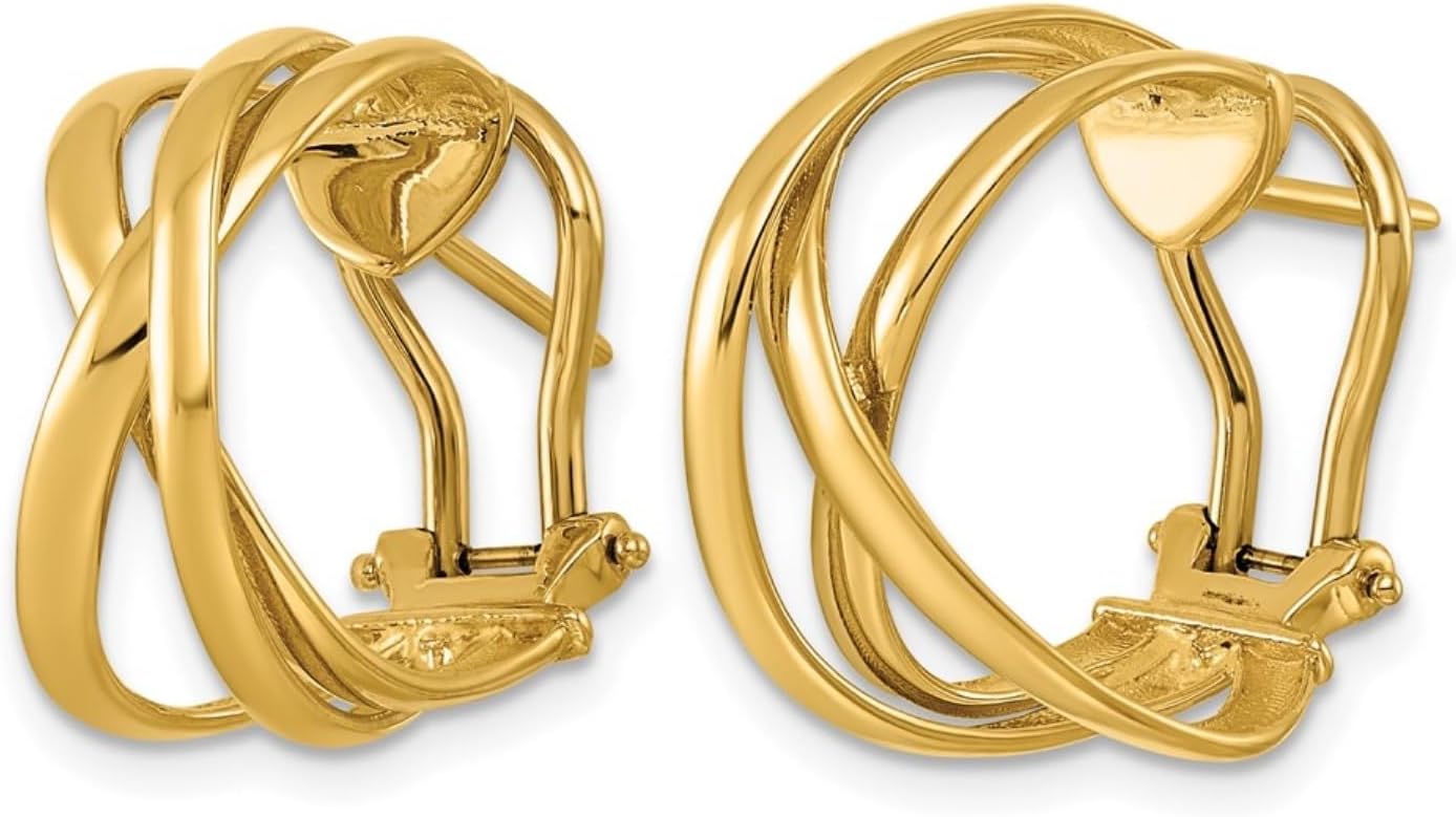 Diamond2Deal 14k Yellow Gold Polished Tri-Strand Omega Back Hoop Earrings Len-0.74 In, Wid-0.82 In
