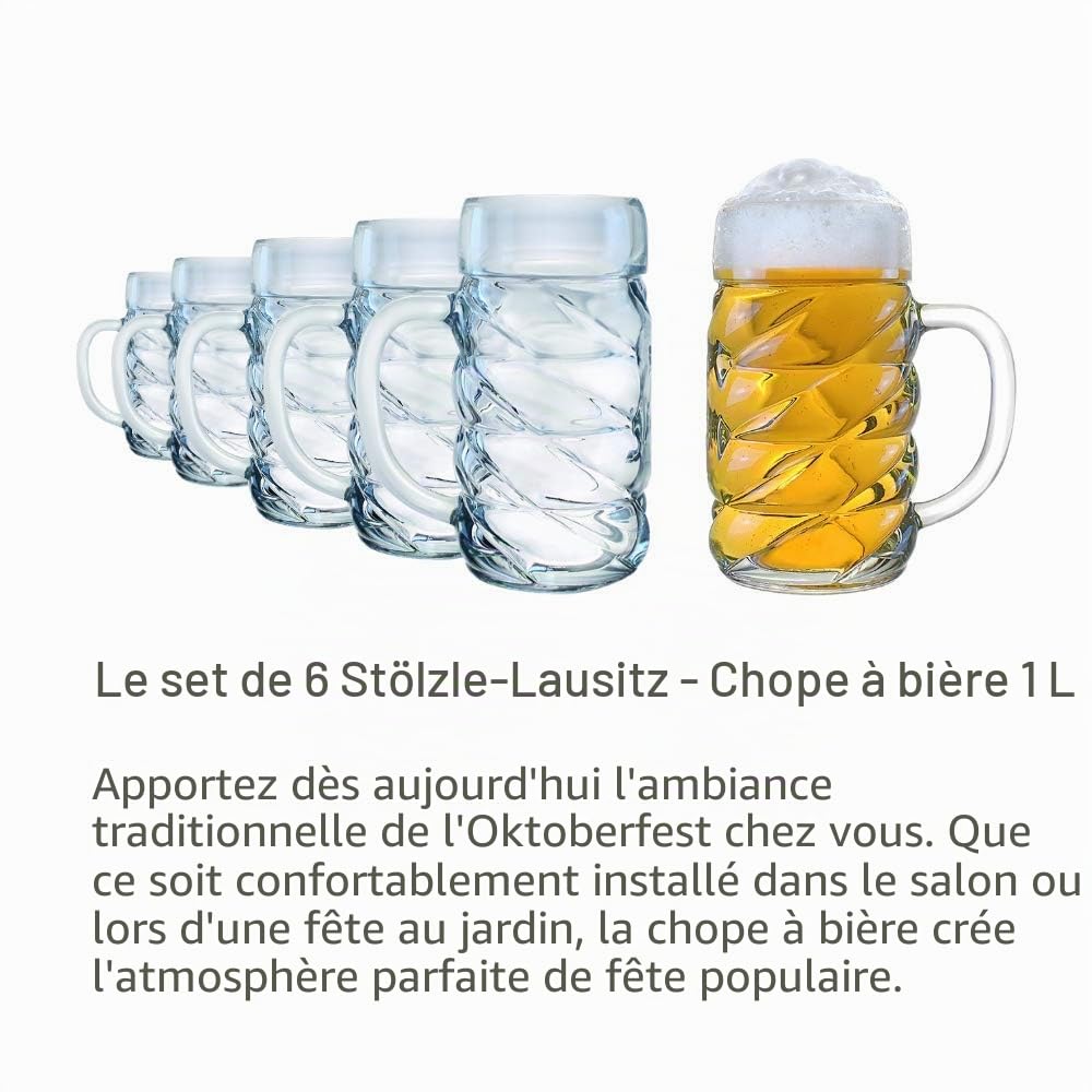 Stölzle Lausitz – Diamond chope à bière 1l - 6 pièces/chope de biere 1l / chope biere d'Allemagne/verres à bière