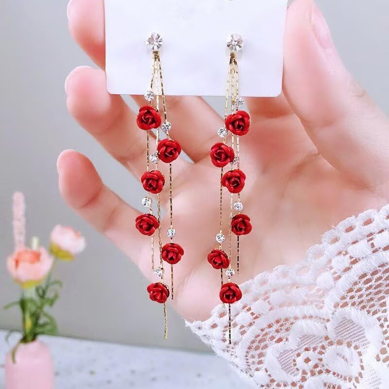 Red Rose Earrings Necklace Jewelry Set for Women Dainty Crystal Rhinestone Rose Flower Pendant Necklace Dangle Earrings Valentines Day Birthday Gifts - Image 3