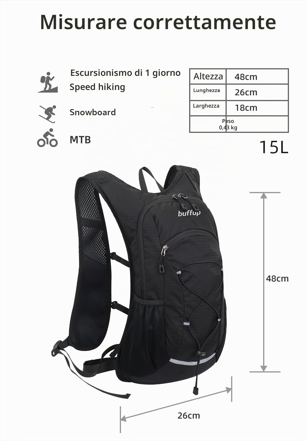 Zaino leggero da escursionismo da 15L, zaino piccolo per bicicletta, zaino per l’idratazione, adatto per speedhiking, MTB, sci e sport all’aperto.