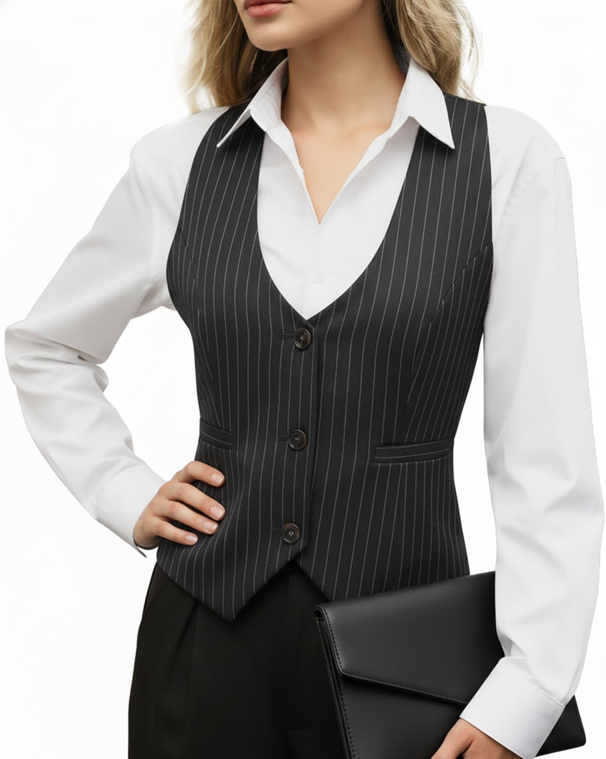 ELLEVEN Women‘s U-Neck Plaid Vest - Slimming Fitted Sleeveless Top with Lining for Business Casual