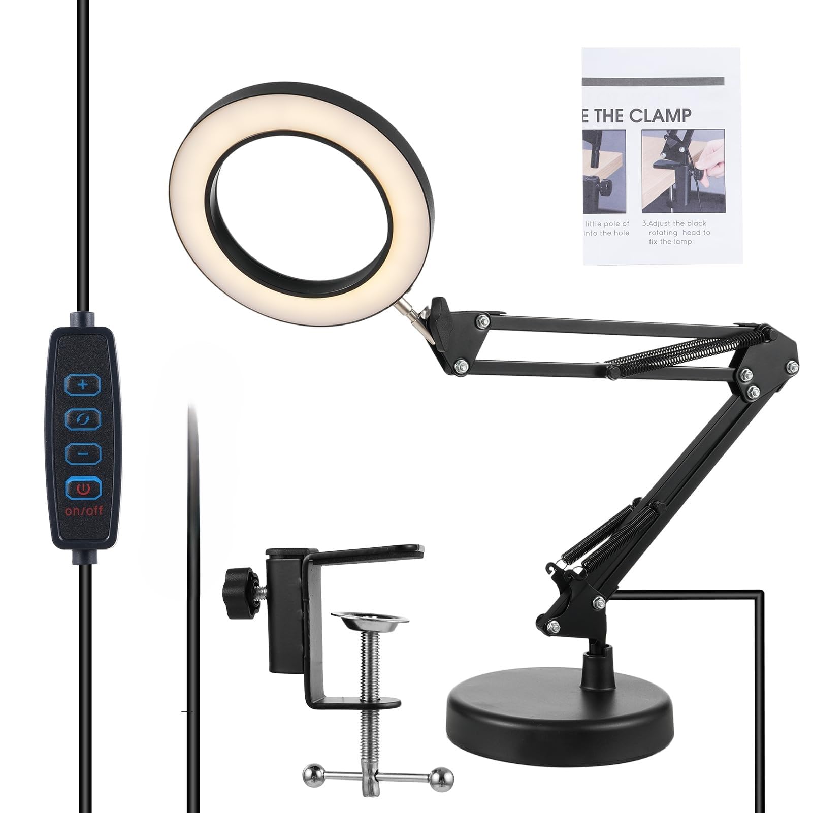 10-krotna lupa ze światłem, bezstopniowe ściemnianie, lampa biurkowa 2 w 1 i zacisk, regulowane ramię wychylne, podświetlana lampa biurkowa LED, lampa z lupą bez użycia rąk