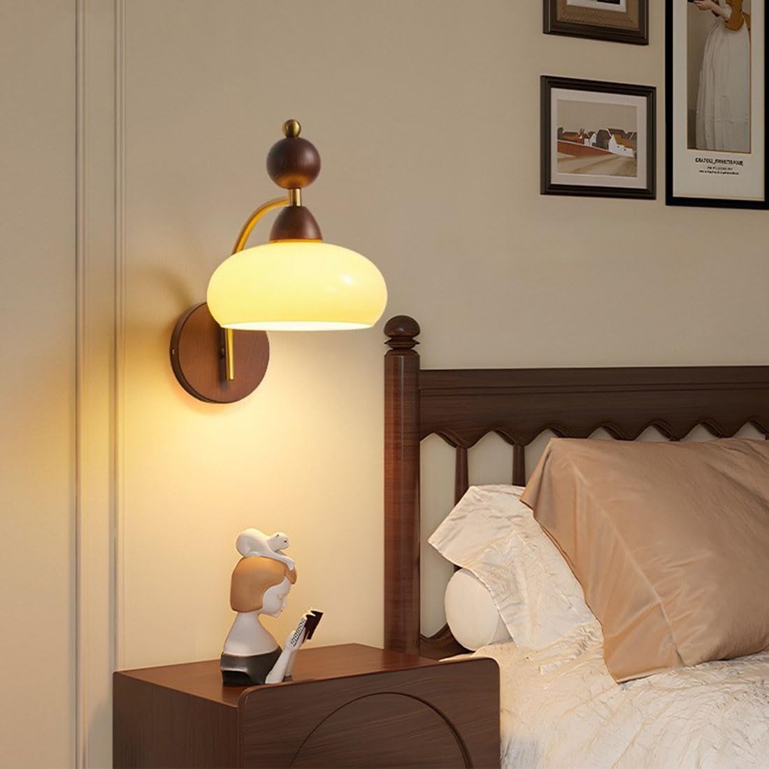 Applique Moderne con Paralume in Vetro, Base in Legno Rustico, Collo D'Oca, Stile Nordico Industriale, Ideali per Soggiorno, Comodino, Veranda e Ingresso.