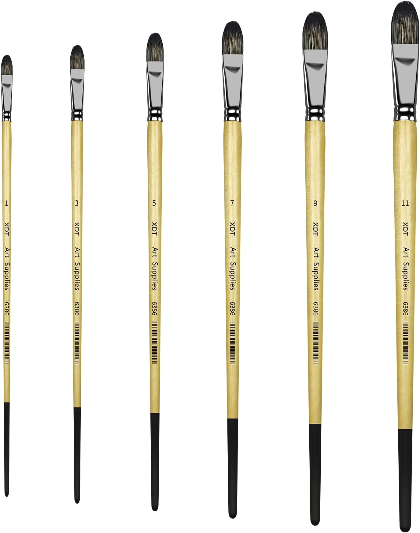 XDT#6386 Filbert Artist Paint Brush 6 Piece Set Medium Stiff Black Hog Bristle Extra Long Handle #1#3#5#7#9#11, Acrylic Oil Watercolor