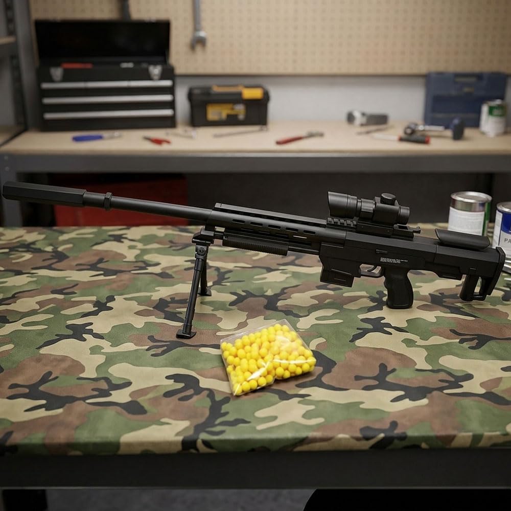 Airsoft Réplique de Fusil à Billes avec Trépieds 81cm et Lunette Factice, 0,5 Joule, Tir Coup par Coup, 18 Billes Incluses