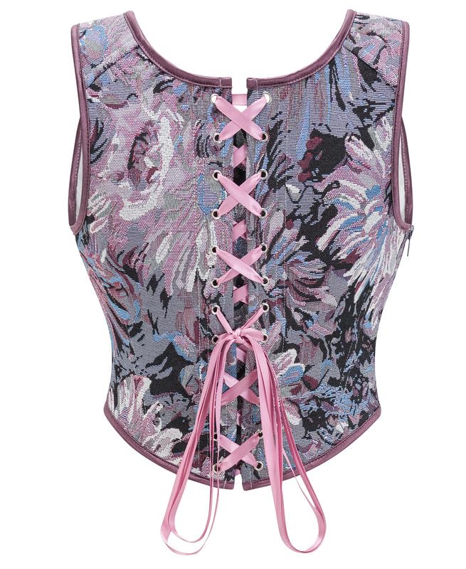 Image of Dreay Womens Vintage Asymmetrical Hem Overbust Corset Tie Front Lace-up Back Bustier Shapewear Top