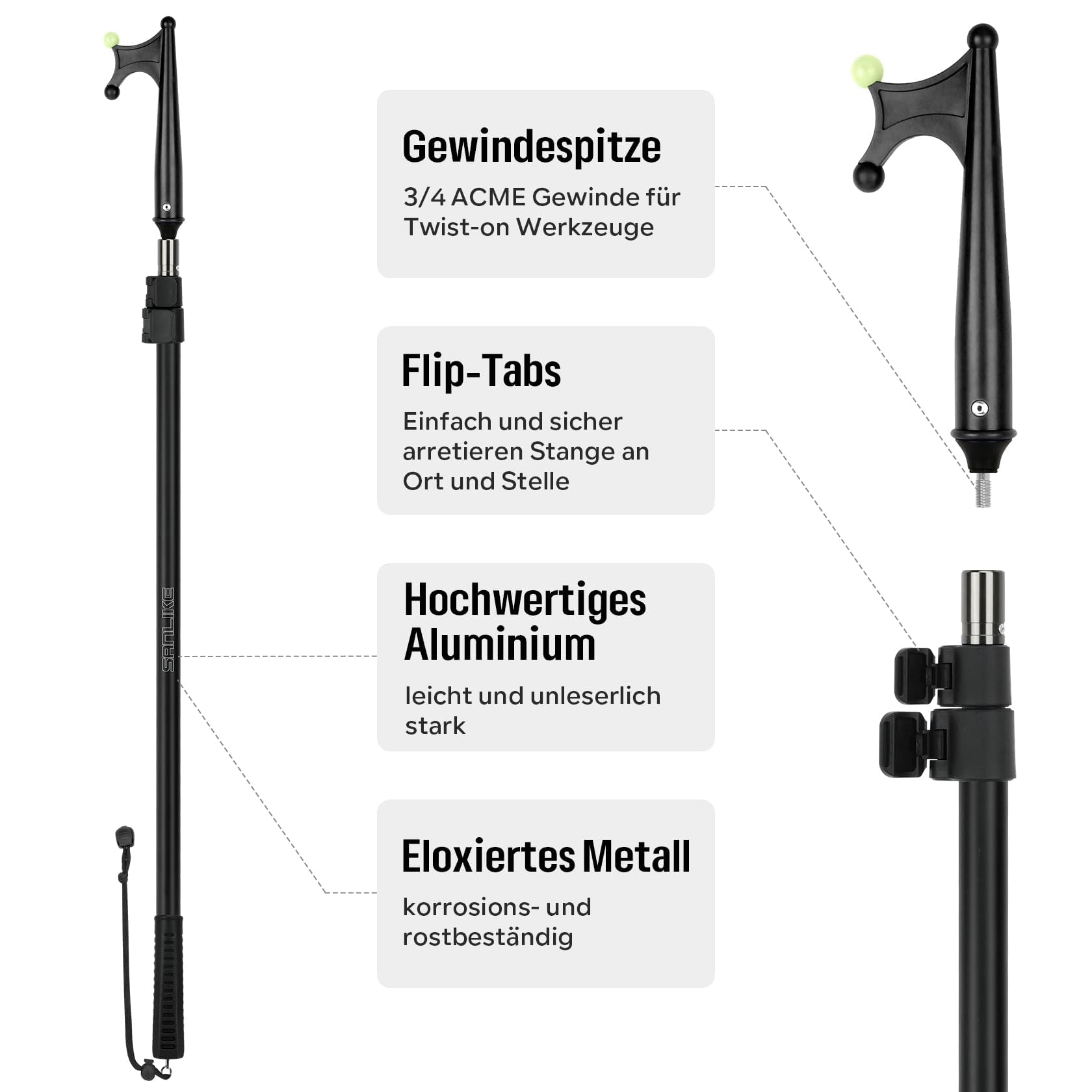 SANLIKE Teleskop-Bootshaken Aluminiumlegierung Klasse 3/5, rostfrei leicht mit Leuchtperlen, verstellbar 128/240/358/542cm Schwarz, Pontonboot Schubstange Bootszubehör zum Andocken