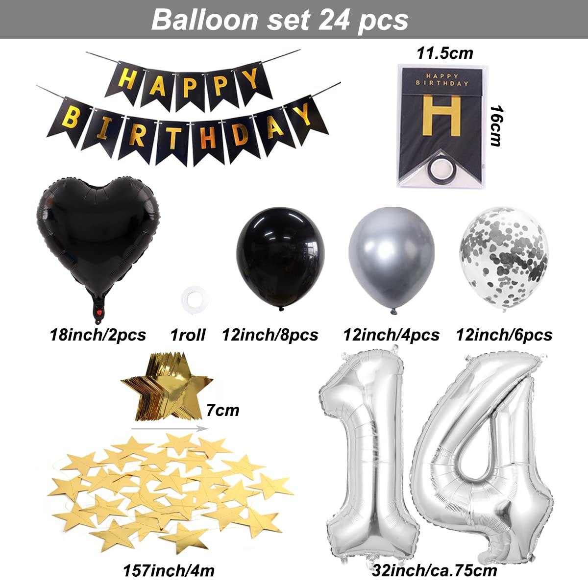 Set Decorazione Compleanno 14 Anni Ragazzo - Nero E Argento - Palloncini, Ghirlanda E Topper Per Torta - 3