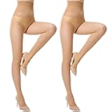 2 Pairs T-Crotch Rip Resistant High Waist Pantyhose with Reinforced Toes 10 Denier Ultra Thin Sheer Tights for Women