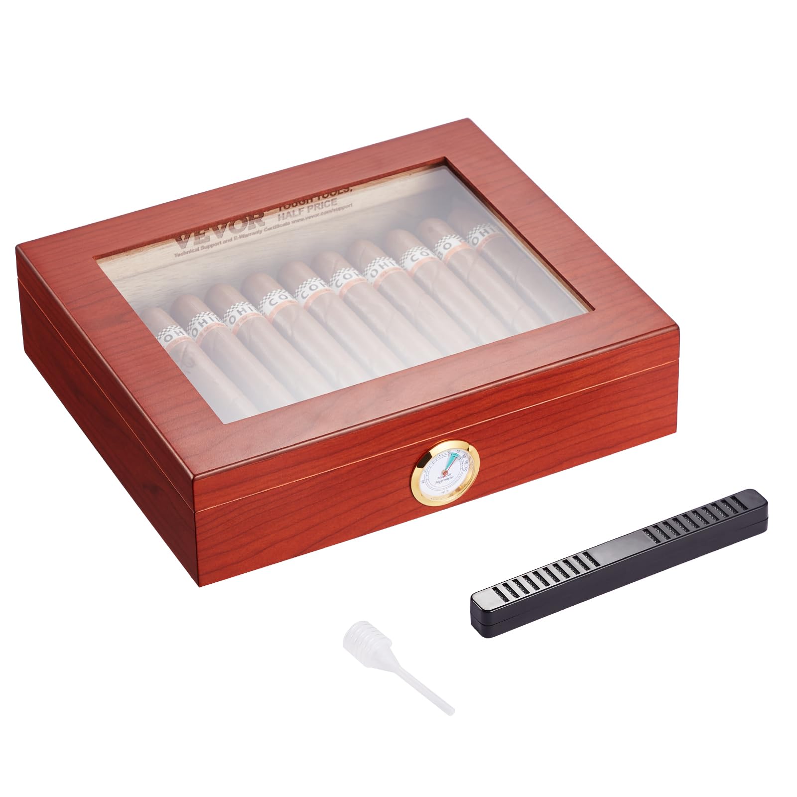 VEVOR Humidor na cygara, pudełko humidor ze szklaną pokrywką, ręcznie wykonane pudełko na cygara z hiszpańskiego drewna cedrowego, pudełko do przechowywania cygar z nawilżaczem i ścianką działową,