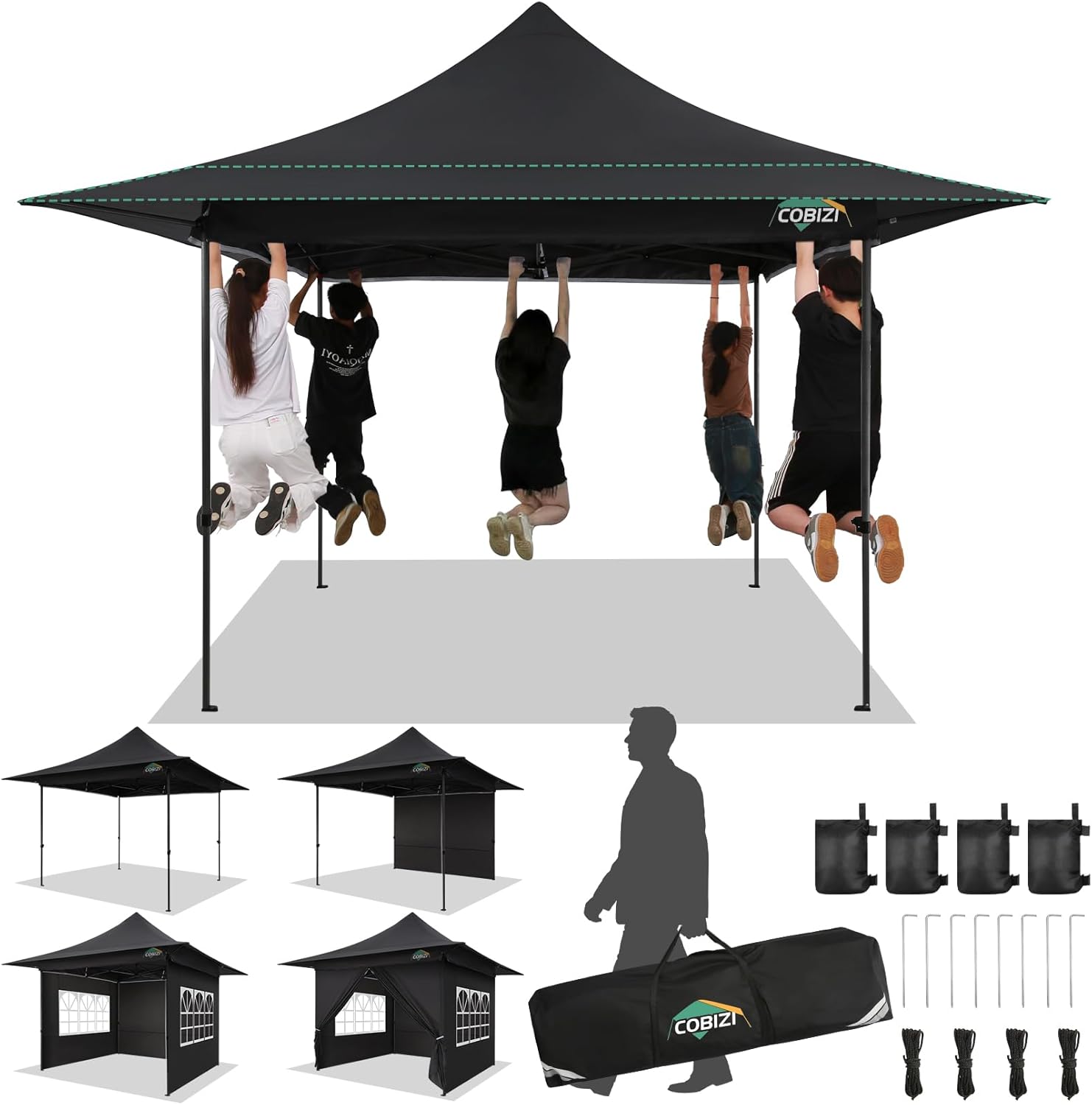 COBIZI 13x13 Heavy Duty Pop Up Canopy with 4 Sidewalls, Commercial Outdoor Party Tent with 4 SandBags for Events, Parties and BBQs, All Season Waterproof & Height Adjustable, Black