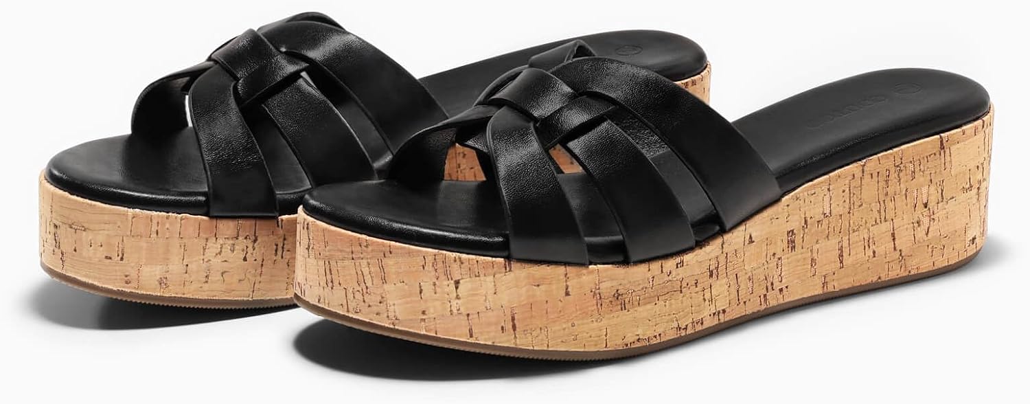 Coutgo Women's Platform Sandals Open Toe Slip On Low Wedge Slides Cork Heeled Beach Vacation Shoes