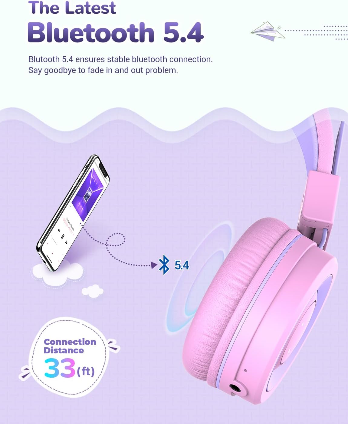iClever BTH02 Kids Bluetooth Headphones, 93H Playtime, Lightweight, Foldable, Textured Sound, Type C Fast charging, Bluetooth 5.4, Kids Wireless Headphones with Microphone for IPad Tablet School, Pink