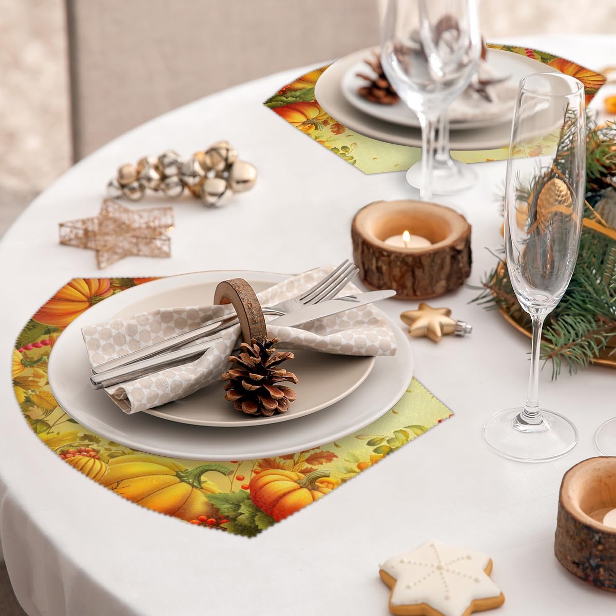 Fall Wedge Placemats Set of 4, Autumn Pumpkin Leaves 4 Wedge Table mats and 1 Round Place mat Heat Resistant Non-Slip Washable Dining Table Mat for Kitchen Party Holiday Decor Cloth Placemat
