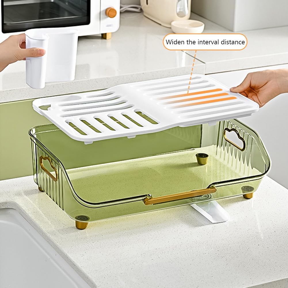 Dish Drying Rack for Kitchen Counter, Dish Rack with Automatic Drainage System, Rustproof Dish Drainer Tray with Detachable Utensil Holder Transparent