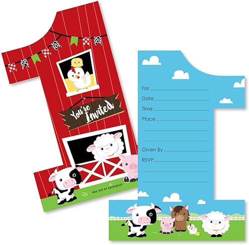 Miniatura 1 de Big Dot of Happiness Tarjetas de invitación para el primer cumpleaños con diseño de animales de granja con sobres, juego de 12 tarjetas de