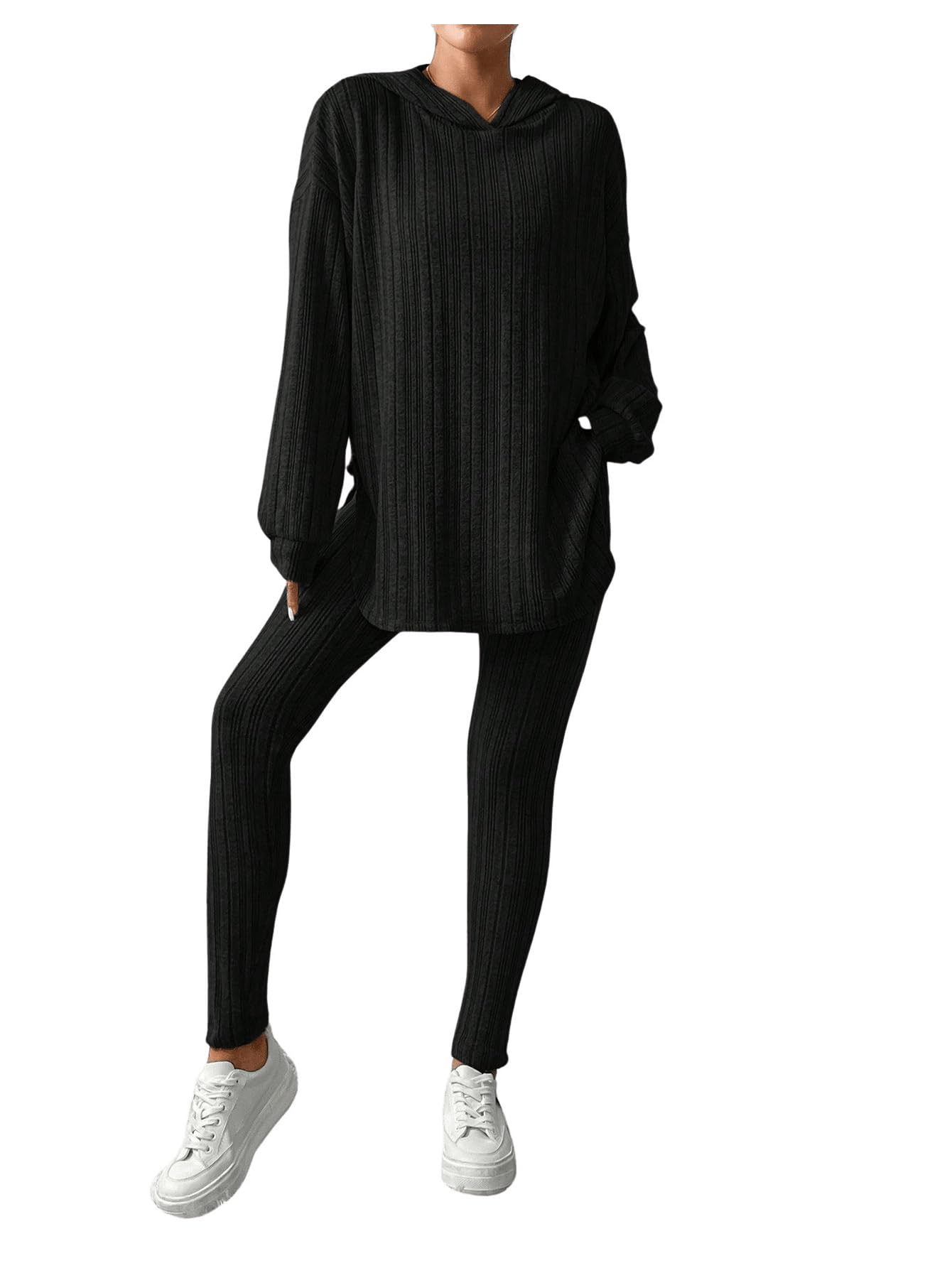 SweatyRocks Damski dwuczęściowy dres do joggingu, z dzianiny żeberkowej, z długim rękawem, bluza z kapturem, spodnie z dzianiny, zestaw do noszenia na co dzień
