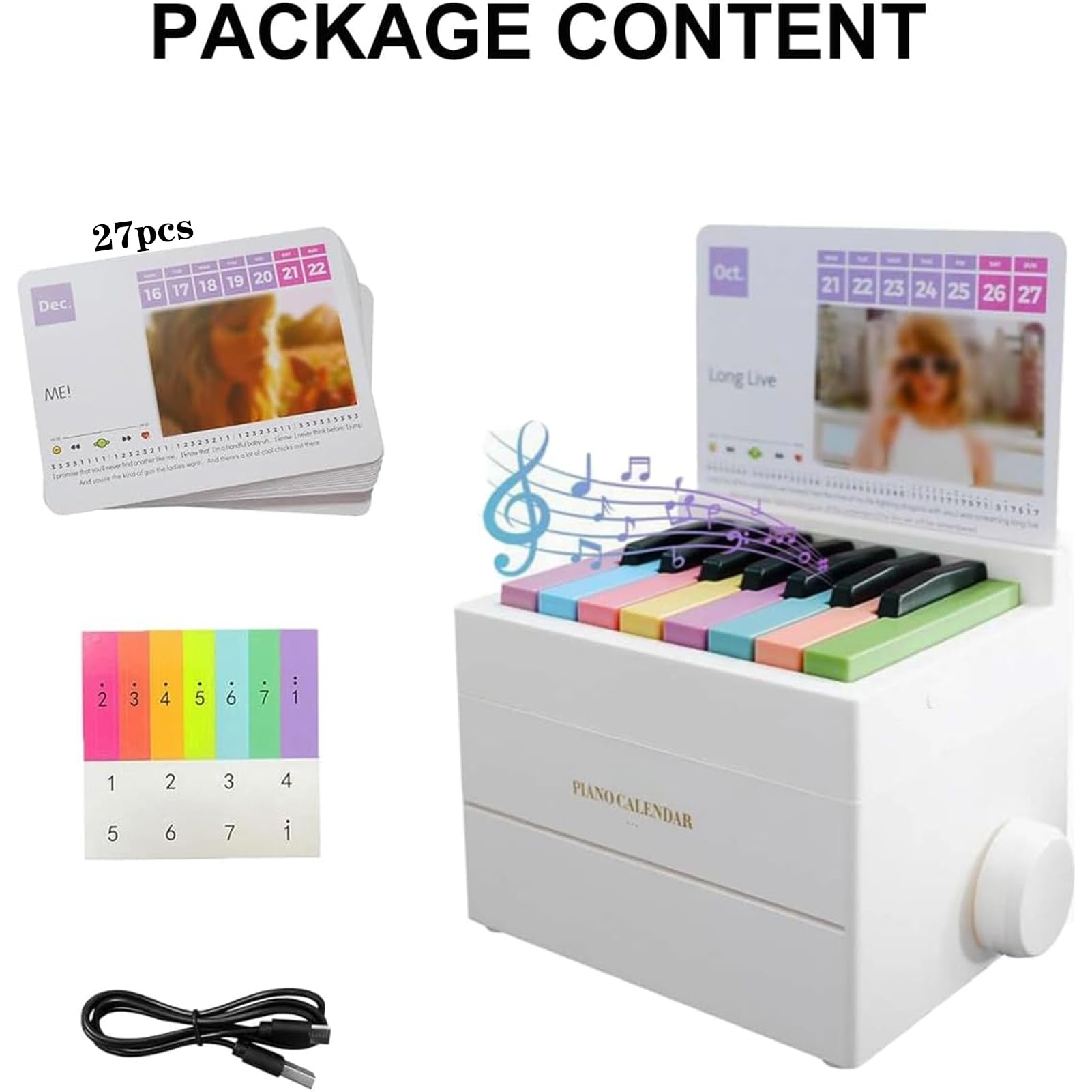 Calendario da Tavolo per Pianoforte riproducibile 2024, Calendario Taylor Mini Piano, Volume Regolabile, con 52 spartiti su 27 Carte, Ottimo Regalo per la Famiglia e Gli Amici (White)