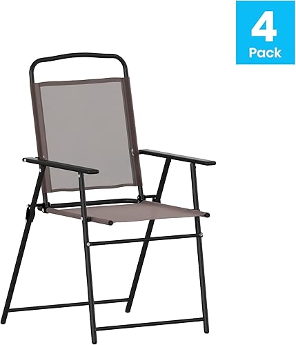 Miniatura 9 de BizChair Sillas plegables para patio, sillas de césped de textileno para exteriores con reposabrazos, juego de 4, color marrón