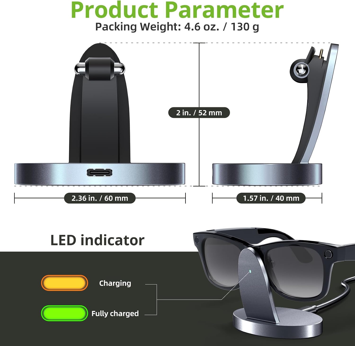 Charging Dock Compatible with Ray-Ban Meta Smart Glasses, Portable Charging Stand Work for Way-farer/Skyler/Headliner Models, LED Indicator, Pin Contact Fast Safe Charging, Space Gray