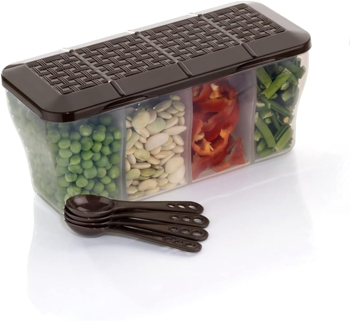Xmart India Multipurpose Plastic 4 in 1 Masala Box for Kitchen, Spice Boxes for Kitchen,4 Compartment Storage Containers Grocery,Cereal,Dry Fruits Dabba 1800 Ml with 4 Spoons(Brown)
