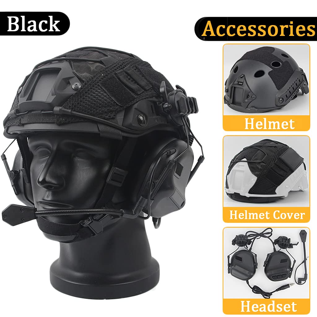Ensemble de Casque Rapide, Équipement de Protection Style Militaire avec écouteur Tactique et Couvercle Casque, pour La Chasse en Plein Air Airsoft Paintball (Pas de réduction de Bruit)