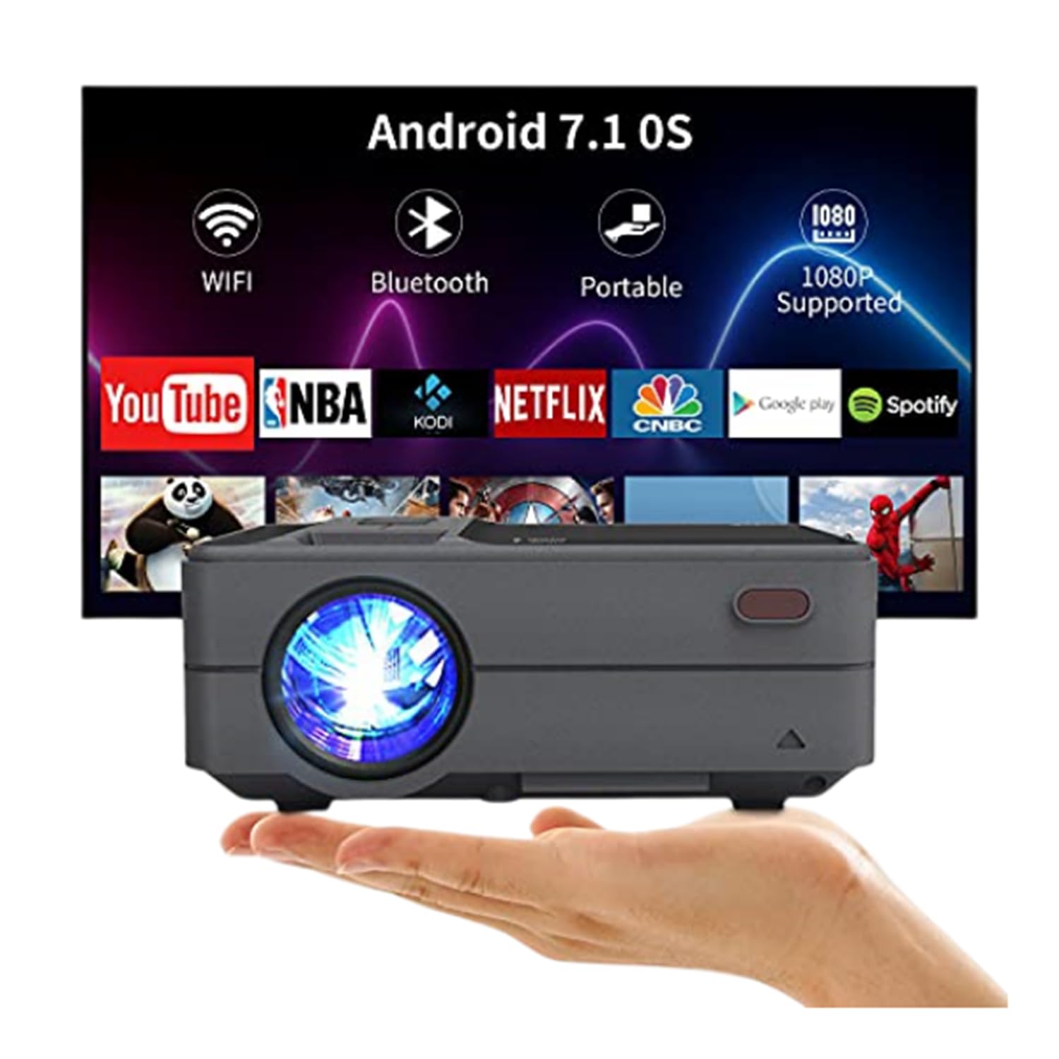 Image illustrating the projector's Bluetooth 4.0 features, including connectivity with Bluetooth speakers, gamepads, keyboards, and mice.