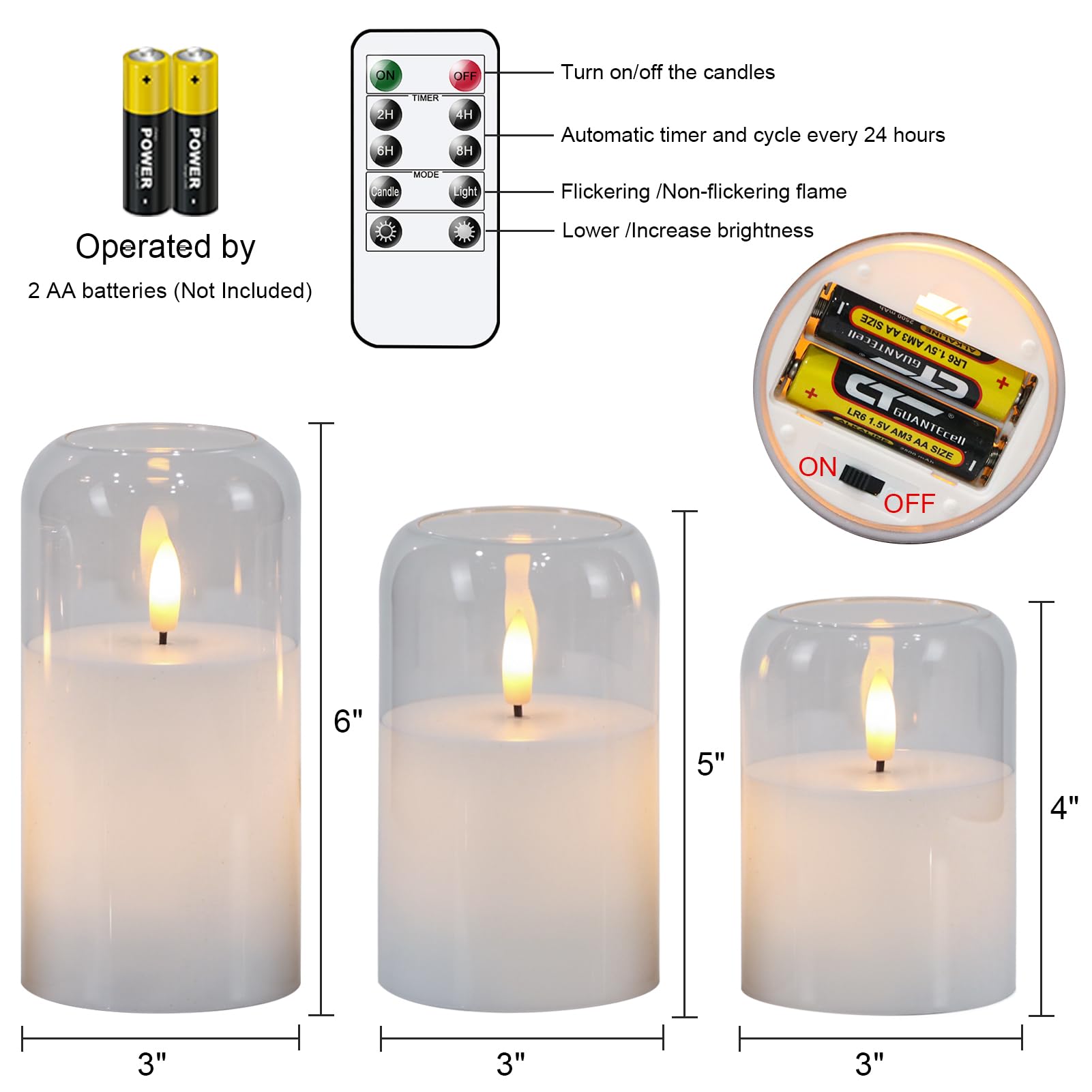 GenSwin Candele in vetro senza fiamma con timer remoto, candele trasparenti a batteria con fiamma tremolante, candela a colonna in vetro e vera cera a LED, per Halloween, Natale, decorazione della