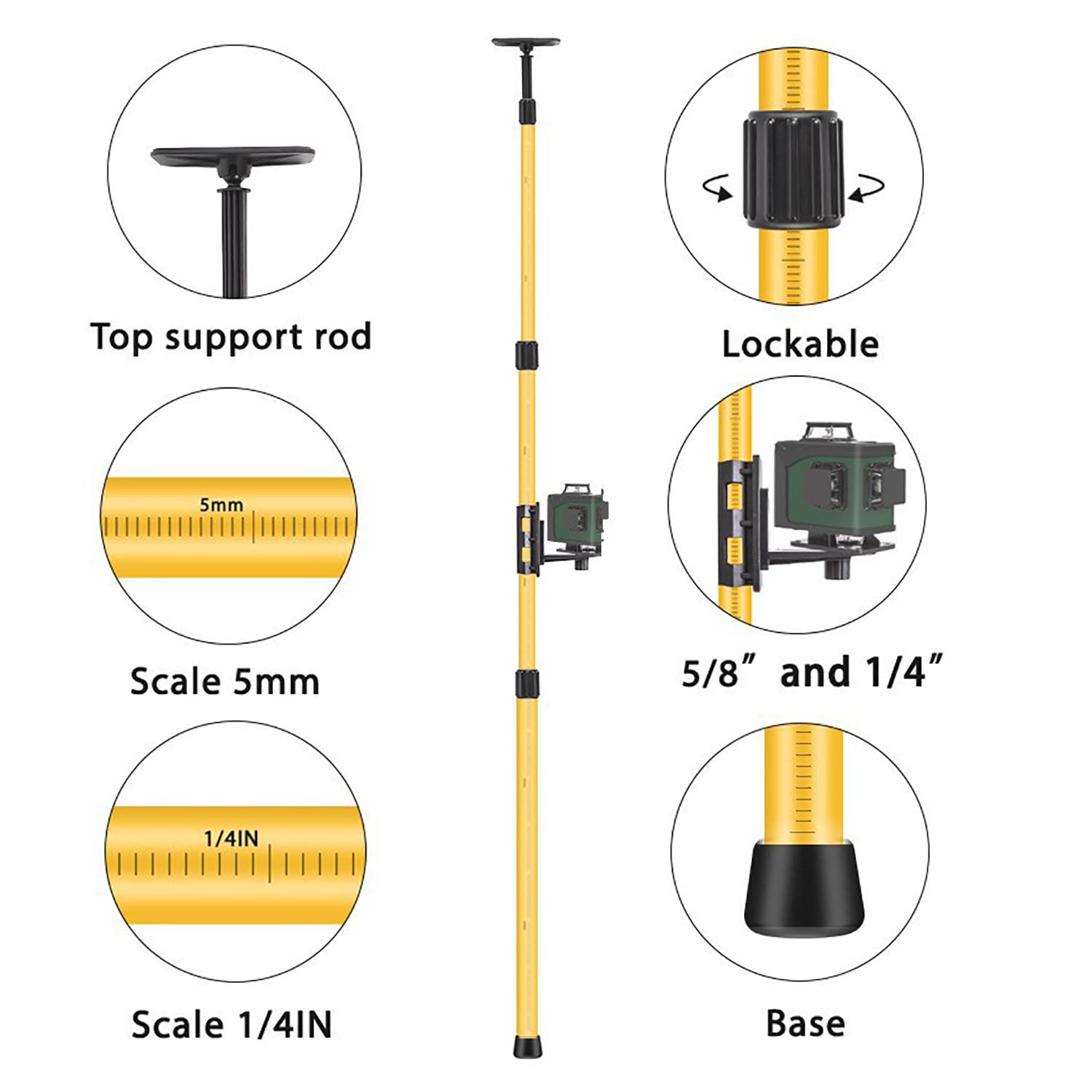 Tige Telescopique Niveau Laser, Support Laser, Mât Télescopique de Nivellement,115 à 280 cm de Hauteur, avec Table Élévatrice pour Lasers Rotatifs et à Lignes,Pour Laser à Lignes Croisées de 360°