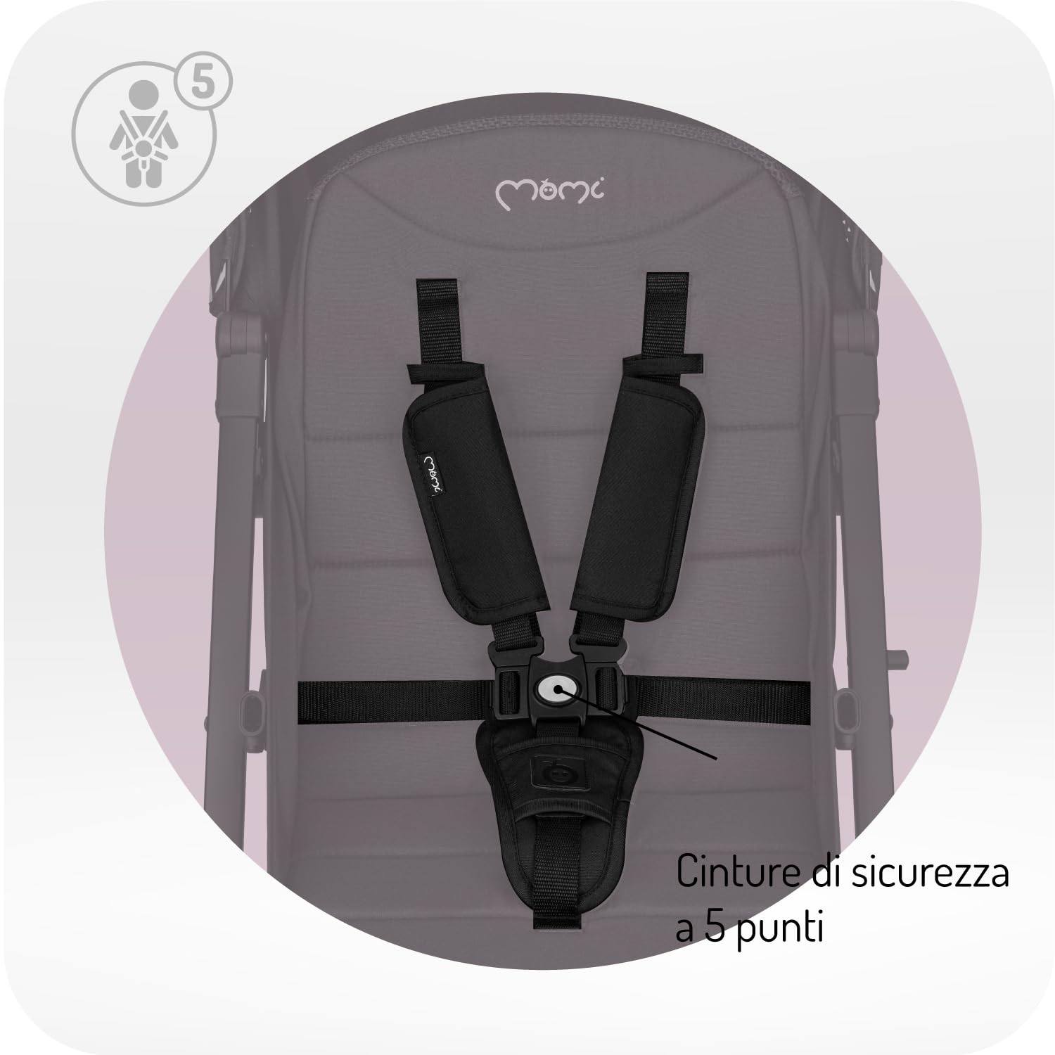 MoMi ESTELLE Passeggino a partire da 6 mesi (fino a 15 kg), pieghevole con cintura di sicurezza a 5 punti, cestino porta spesa e funzione di apertura, manico telescopico per il traino