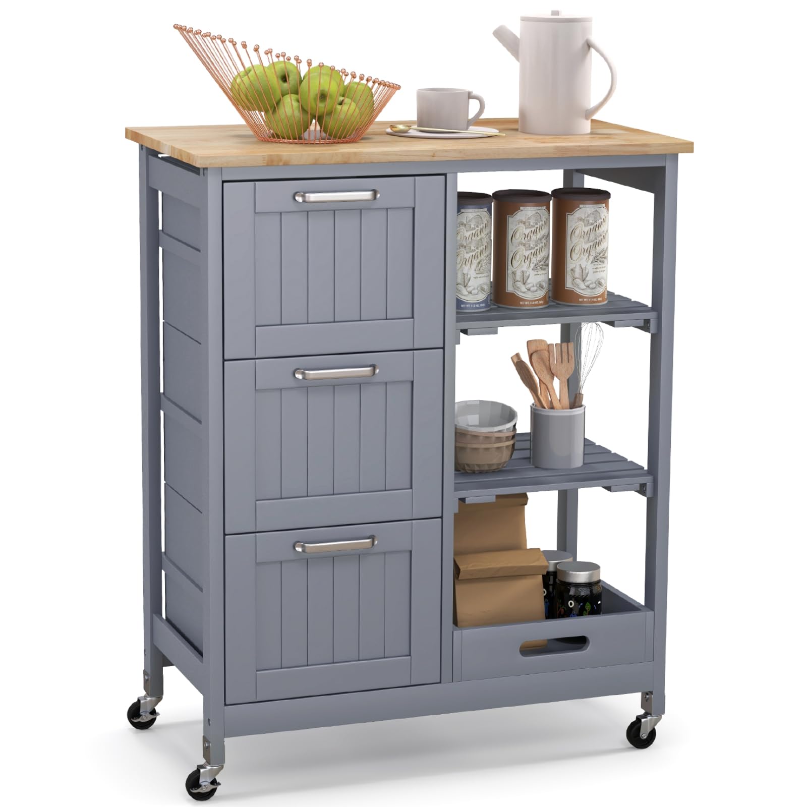 COSTWAY Kitchen Island Cart, Rolling Storage Trolley with 3 Drawers, Open Shelves and Wheels, Mobile Serving Utility Cart Organiser for Dining Room Restaurant Bar (Grey)