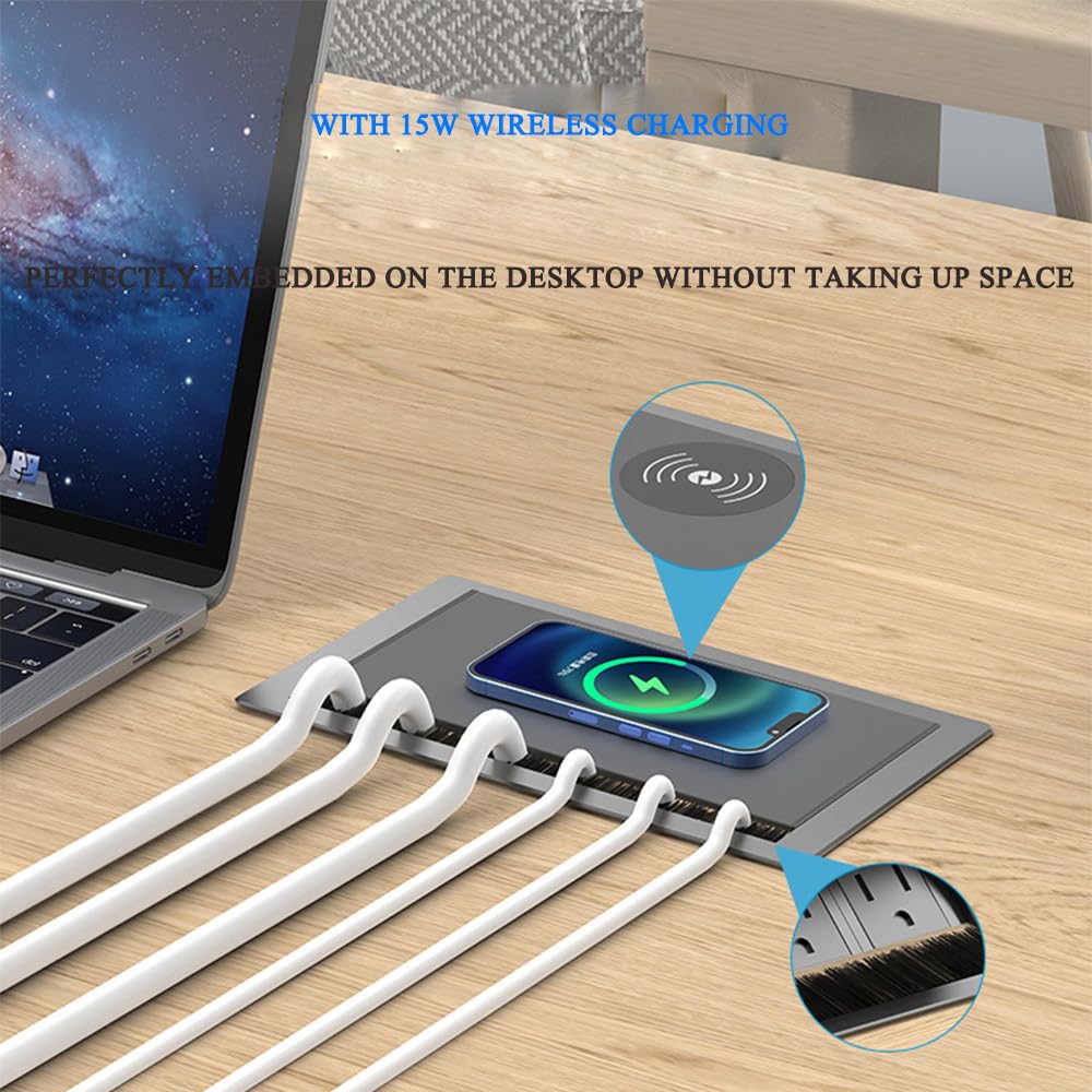 Listwa zasilająca do podtynkowych blatów roboczych i stołów, wtyczka brytyjska z portami USB i typu C, ładowanie bezprzewodowe 15 W (26,2 x 15,6 x 7,5 cm)