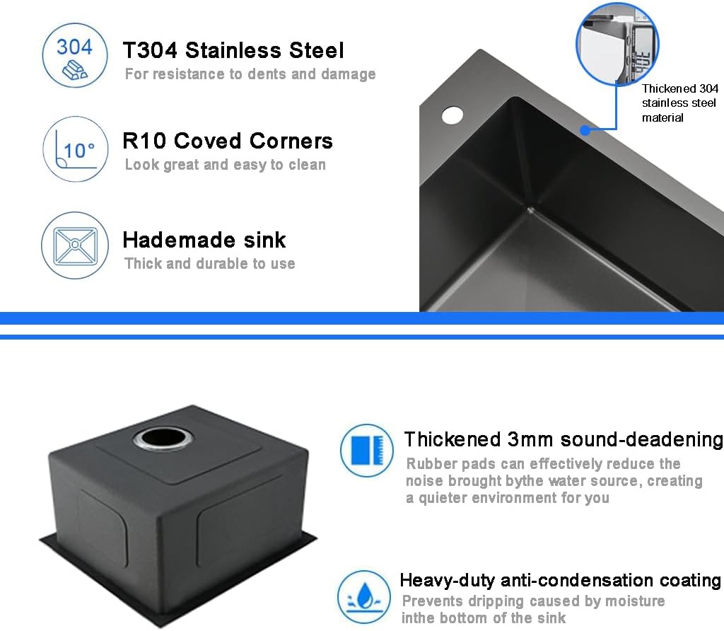18 x 19 Inch Modern Drop In Kitchen Bar Sink, 304 Stainless Steel Black Single Bowl Topmount Sink, Nano Laundry RV Deep Workstation Sinks with Drain Strainer & Grid