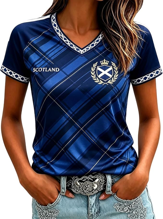 Scotland Football Shirt Womens 2026 Short Sleeve Jersey Retro Graphic Printed V-Neck England Football Fan Top Ladies Scotland T-Shirt Lightweight Breathable Summer Training Sports Clothing