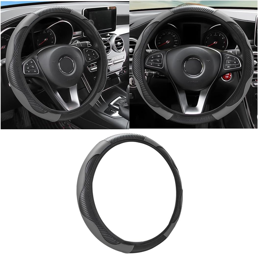 Osilly Car Steering Wheel Cover, 15 inch Carbon Fiber Microfiber PU Leather Elastic Steering Wheel Protector for Men Women, Anti-Slip Breathable Car Interior Accessories for Most Cars (Black/Gray)