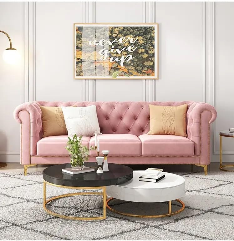 Image of Modern Classic 3 Seater Sofa Couch Fabric & Valvet Tufted Chesterfield Sofa Living Room and Office (Pink 3 Seater) | Premium Material