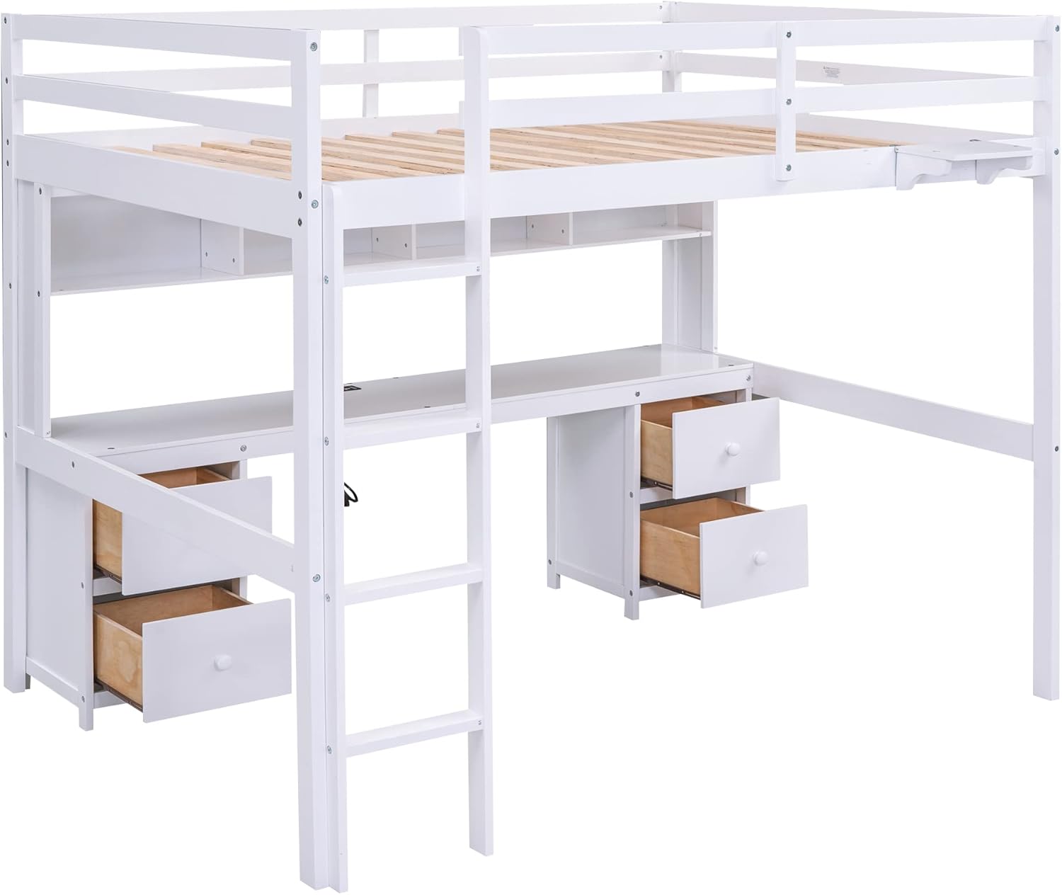 Full Size Loft Bed with Desk, Storage Cabinets, Drawers and Bedside Tray, Multifunctional Full Beds with Plug Outlets & 2 USB Port, White