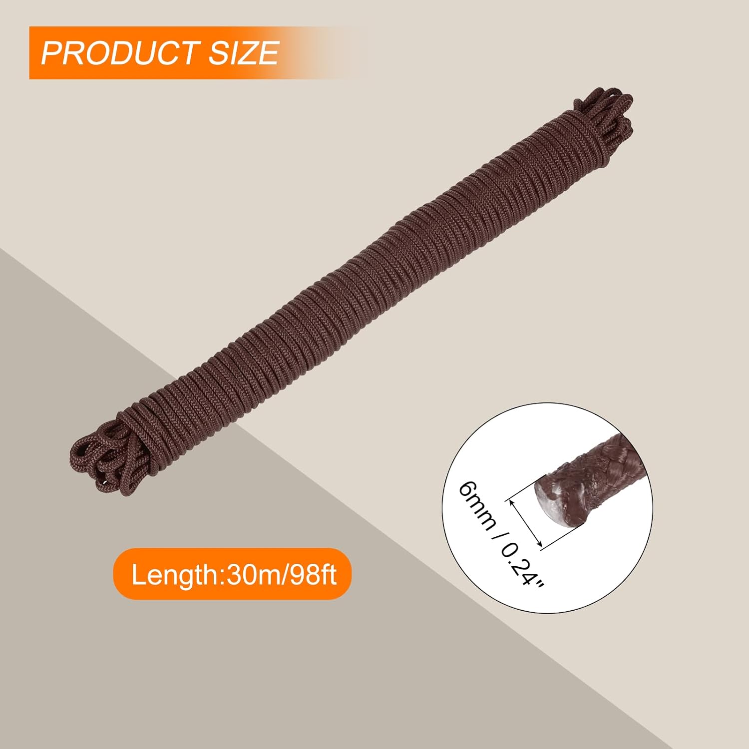 1 Pcs Coffee Nylon Rope 1/4" x98ft Solid Braided Cord Polypropylene Rope Utility Cord,[for Camping, Tie Down, Securing, Mooring Lines,Indoor & Outdoor Use]
